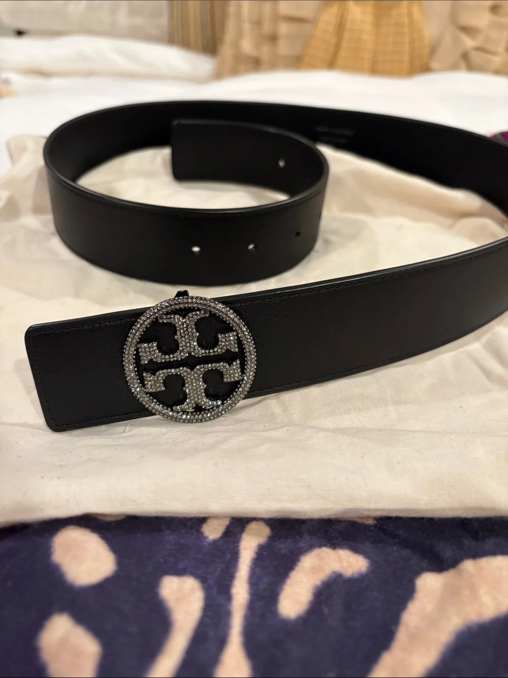 Tory Burch Black Leather Belt with Pave Crystal Logo Buckle M